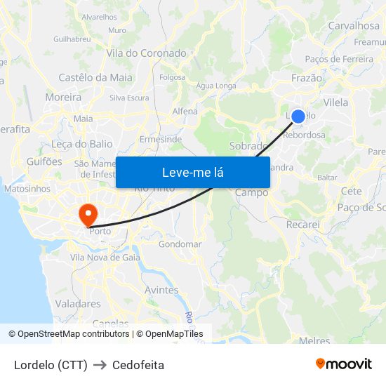 Lordelo (CTT) to Cedofeita map