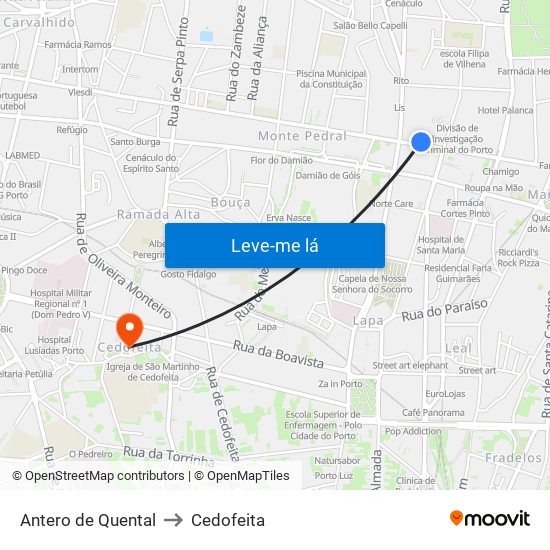 Antero de Quental to Cedofeita map