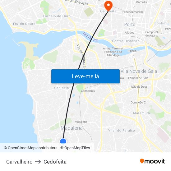 Carvalheiro to Cedofeita map