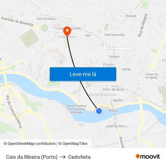 Cais da Ribeira (Porto) to Cedofeita map