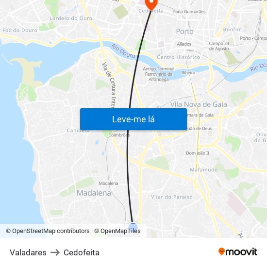 Valadares to Cedofeita map
