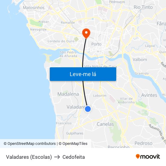 Valadares (Escolas) to Cedofeita map