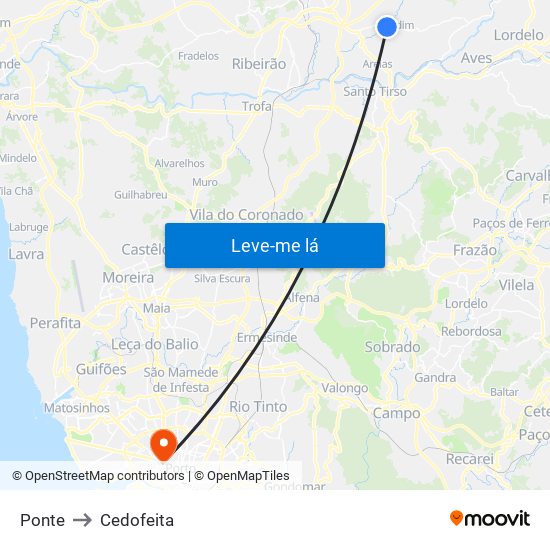 Ponte (Landim) to Cedofeita map