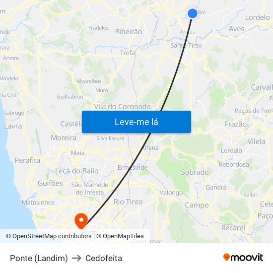 Ponte (Landim) to Cedofeita map