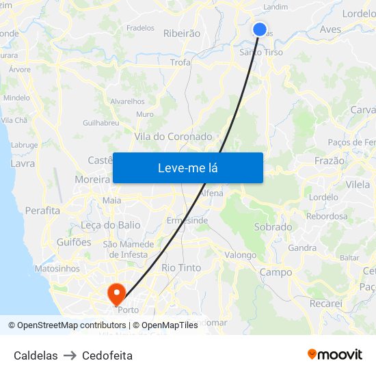 Caldelas to Cedofeita map