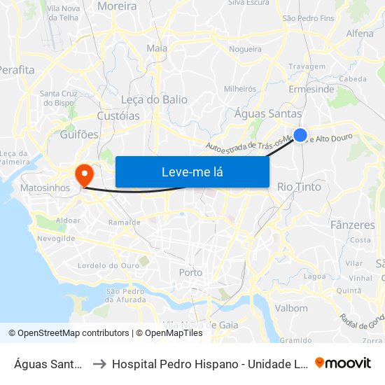 Águas Santas - Palmilheira to Hospital Pedro Hispano - Unidade Local de Saúde de Matosinhos, E.P.E. map
