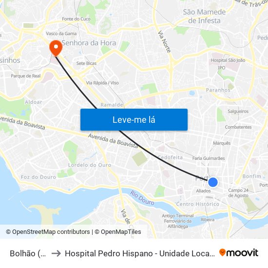 Bolhão (Mercado) to Hospital Pedro Hispano - Unidade Local de Saúde de Matosinhos, E.P.E. map