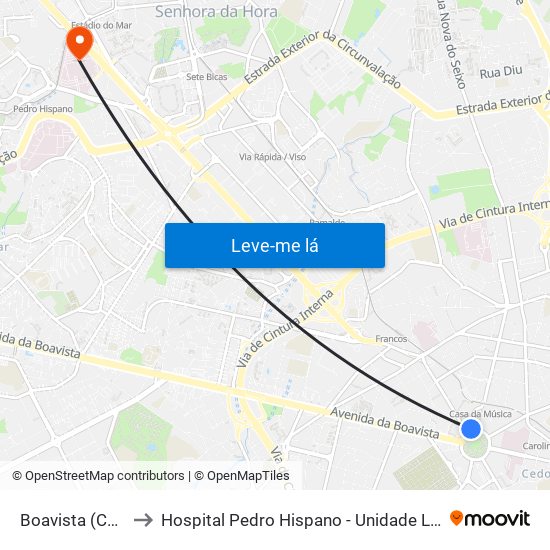 Boavista (Casa da Música) to Hospital Pedro Hispano - Unidade Local de Saúde de Matosinhos, E.P.E. map