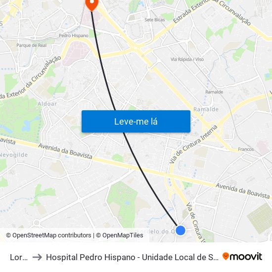 Lordelo to Hospital Pedro Hispano - Unidade Local de Saúde de Matosinhos, E.P.E. map