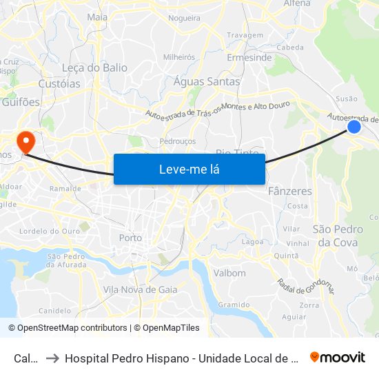 Calvário to Hospital Pedro Hispano - Unidade Local de Saúde de Matosinhos, E.P.E. map