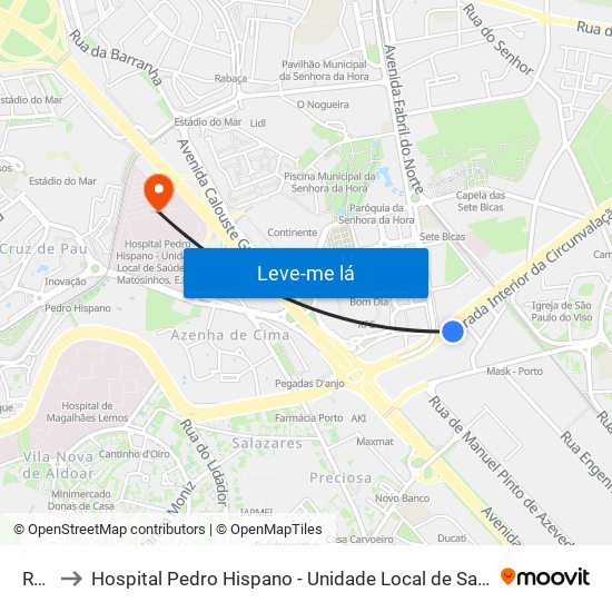 Ruela to Hospital Pedro Hispano - Unidade Local de Saúde de Matosinhos, E.P.E. map