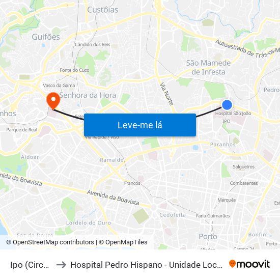 Ipo (Circunvalação) to Hospital Pedro Hispano - Unidade Local de Saúde de Matosinhos, E.P.E. map