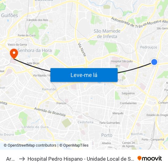 Areosa to Hospital Pedro Hispano - Unidade Local de Saúde de Matosinhos, E.P.E. map