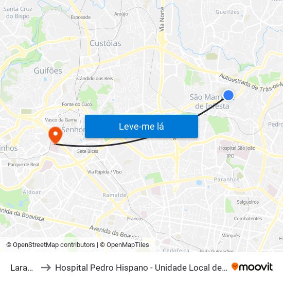 Laranjeiras to Hospital Pedro Hispano - Unidade Local de Saúde de Matosinhos, E.P.E. map