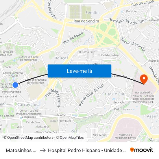 Matosinhos Câmara (Matc1) to Hospital Pedro Hispano - Unidade Local de Saúde de Matosinhos, E.P.E. map