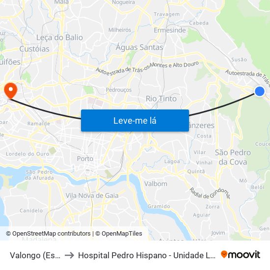 Valongo (Estação) | Presa to Hospital Pedro Hispano - Unidade Local de Saúde de Matosinhos, E.P.E. map