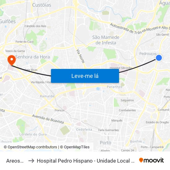Areosa (Feira) to Hospital Pedro Hispano - Unidade Local de Saúde de Matosinhos, E.P.E. map