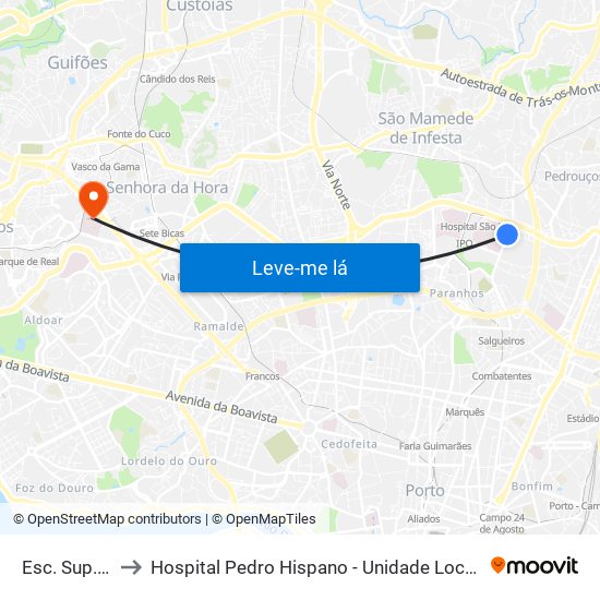 Esc. Sup. Educação to Hospital Pedro Hispano - Unidade Local de Saúde de Matosinhos, E.P.E. map