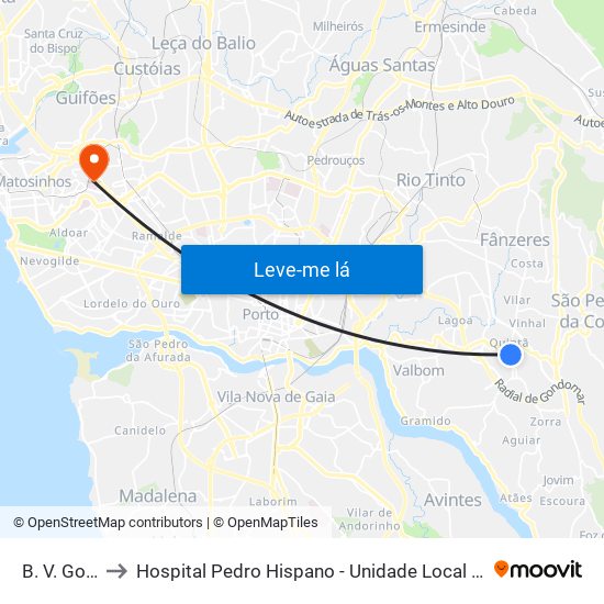 B. V. Gondomar to Hospital Pedro Hispano - Unidade Local de Saúde de Matosinhos, E.P.E. map