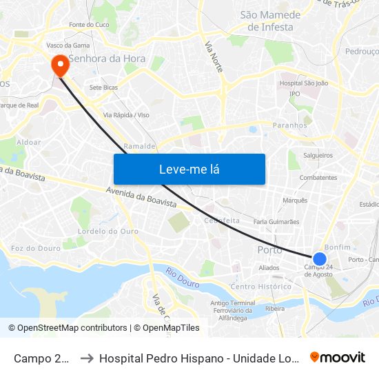 Campo 24 de Agosto to Hospital Pedro Hispano - Unidade Local de Saúde de Matosinhos, E.P.E. map