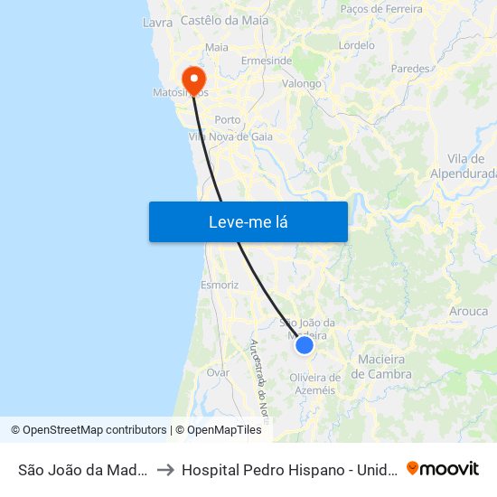 São João da Madeira (Terminal Rodoviário) to Hospital Pedro Hispano - Unidade Local de Saúde de Matosinhos, E.P.E. map