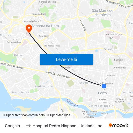 Gonçalo Cristóvão to Hospital Pedro Hispano - Unidade Local de Saúde de Matosinhos, E.P.E. map