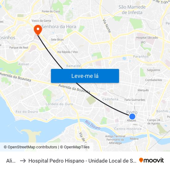 Aliados to Hospital Pedro Hispano - Unidade Local de Saúde de Matosinhos, E.P.E. map