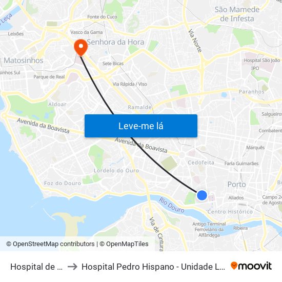 Hospital de Santo António to Hospital Pedro Hispano - Unidade Local de Saúde de Matosinhos, E.P.E. map