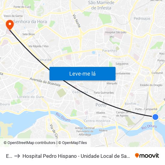 Edp to Hospital Pedro Hispano - Unidade Local de Saúde de Matosinhos, E.P.E. map