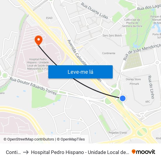 Continente to Hospital Pedro Hispano - Unidade Local de Saúde de Matosinhos, E.P.E. map