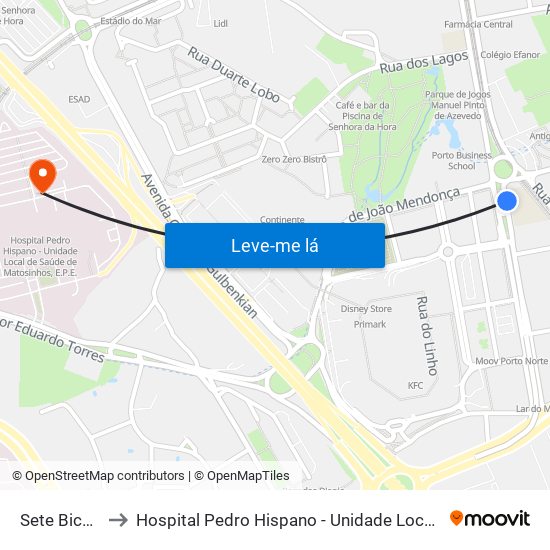 Sete Bicas (Metro) to Hospital Pedro Hispano - Unidade Local de Saúde de Matosinhos, E.P.E. map