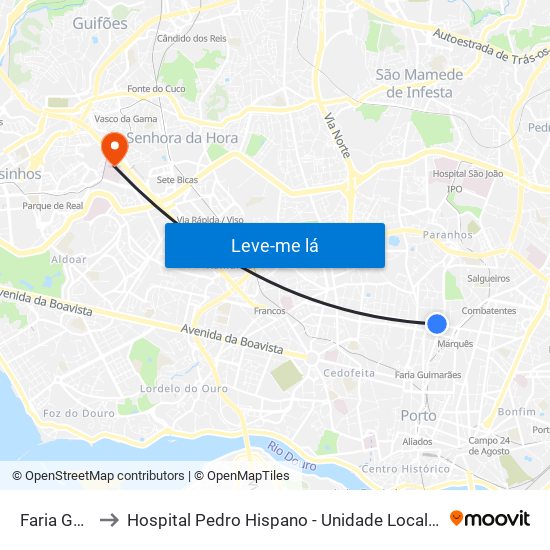 Faria Guimarães to Hospital Pedro Hispano - Unidade Local de Saúde de Matosinhos, E.P.E. map