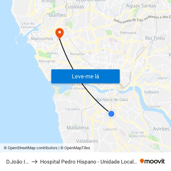 D.João II (Metro) to Hospital Pedro Hispano - Unidade Local de Saúde de Matosinhos, E.P.E. map