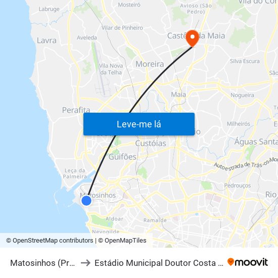 Matosinhos (Praia) to Estádio Municipal Doutor Costa Lima map