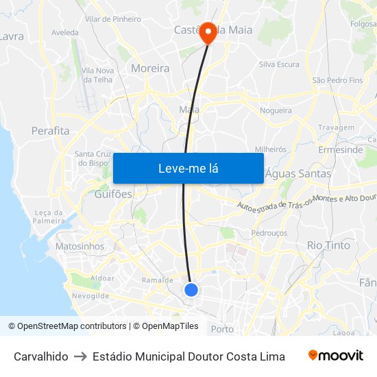 Carvalhido to Estádio Municipal Doutor Costa Lima map
