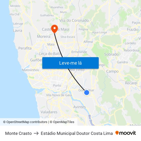 Monte Crasto to Estádio Municipal Doutor Costa Lima map