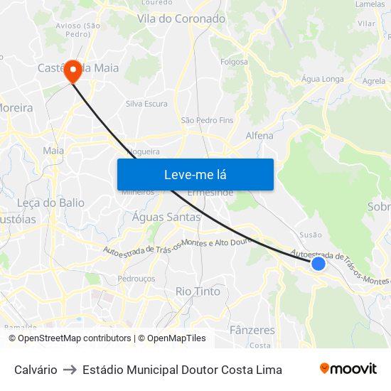 Calvário to Estádio Municipal Doutor Costa Lima map