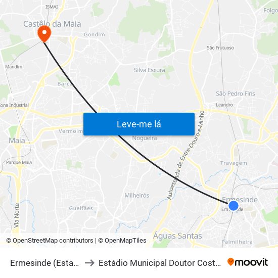 Ermesinde (Estação) to Estádio Municipal Doutor Costa Lima map