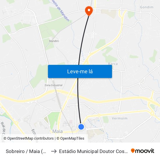 Sobreiro / Maia (Plaza) to Estádio Municipal Doutor Costa Lima map