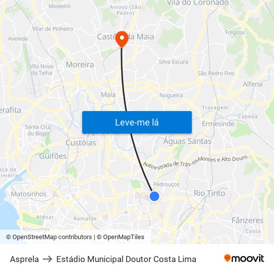 Asprela to Estádio Municipal Doutor Costa Lima map