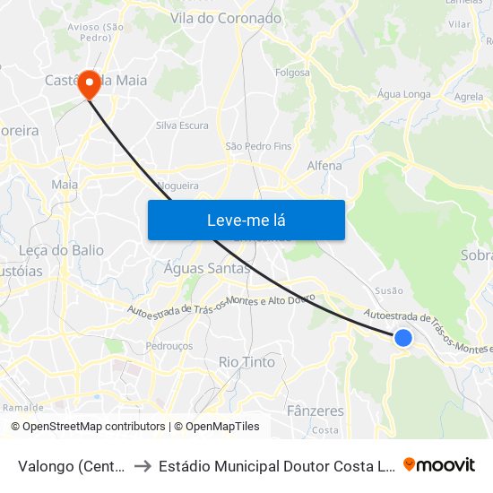 Valongo (Centro) to Estádio Municipal Doutor Costa Lima map