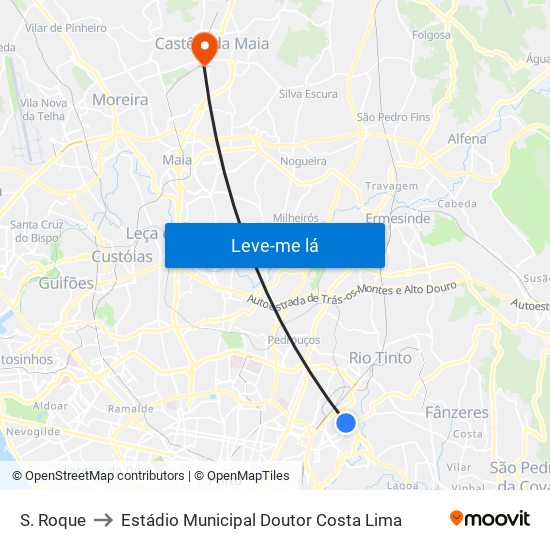 S. Roque to Estádio Municipal Doutor Costa Lima map
