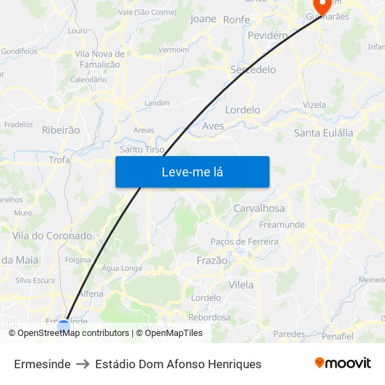 Ermesinde to Estádio Dom Afonso Henriques map