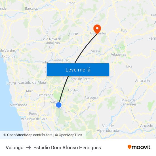 Valongo to Estádio Dom Afonso Henriques map