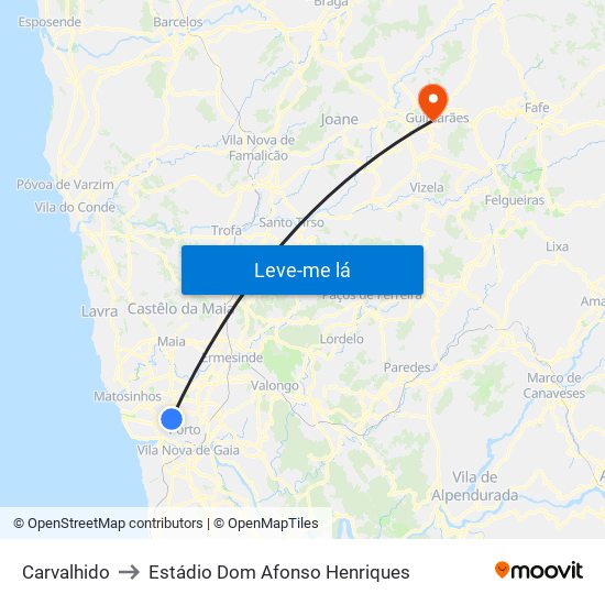 Carvalhido to Estádio Dom Afonso Henriques map