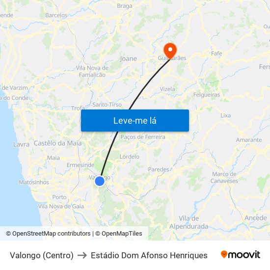 Valongo (Centro) to Estádio Dom Afonso Henriques map