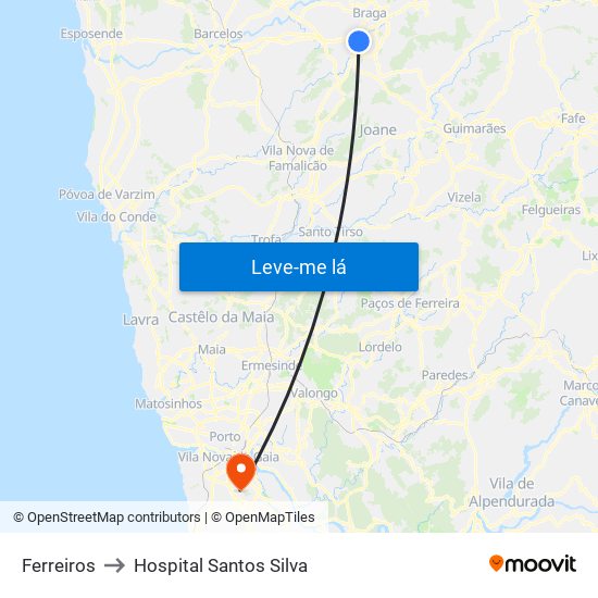Ferreiros to Hospital Santos Silva map