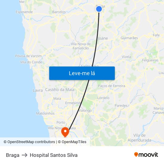 Braga to Hospital Santos Silva map