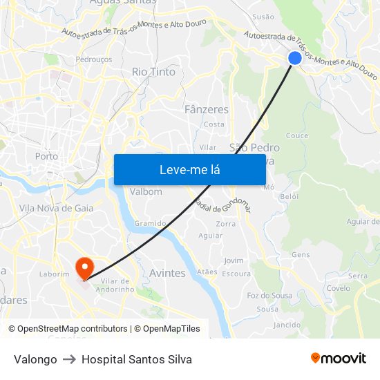 Valongo to Hospital Santos Silva map