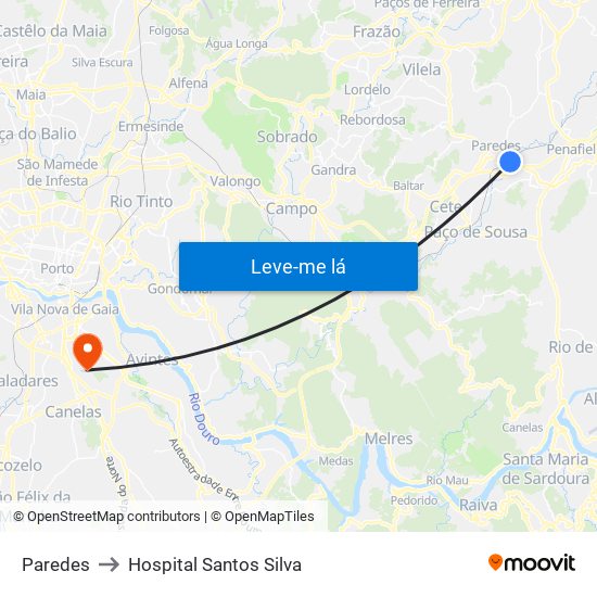 Paredes to Hospital Santos Silva map